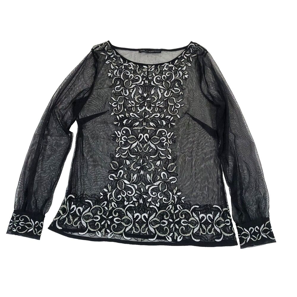 whimsy Goth Sheer Mesh Embroidered Top‎ L Black Silver White House Black Market
